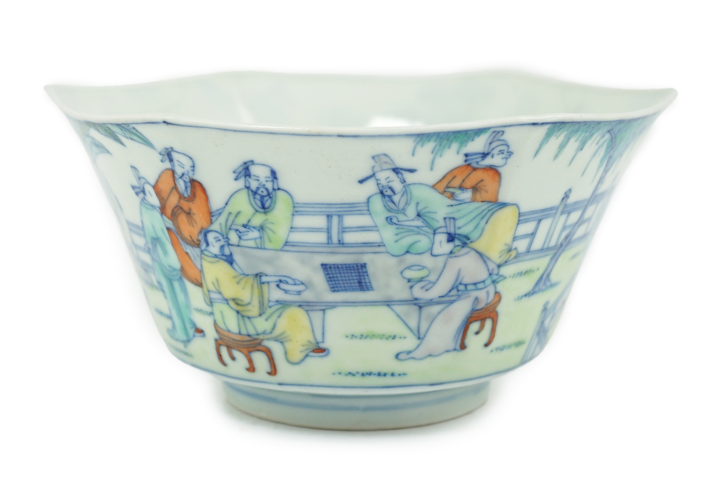 A Chinese doucai ‘scholars’ hexagonal bowl, Jiaqing mark and probably of the period (1796-1820)
